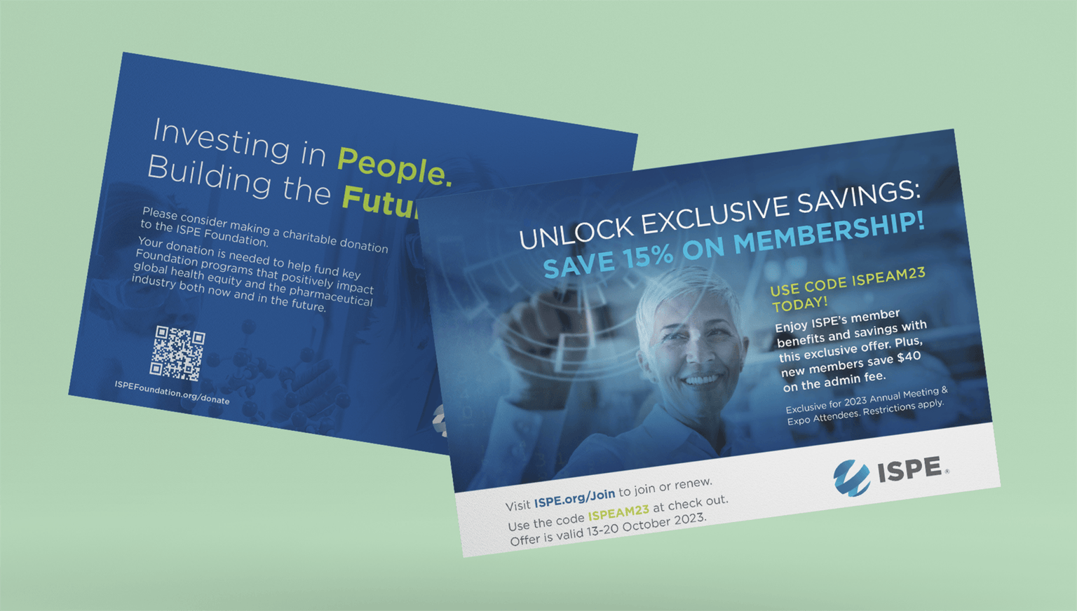 Two vertical event banners for the ISPE Annual Meeting and Expo. The left banner reads '2023 ISPE Annual Meeting and Expo, Level 2' with a large yellow arrow. The right banner promotes the 'Meeting and Awards Lunch' sponsored by ValGenesis with event details and a blue background.