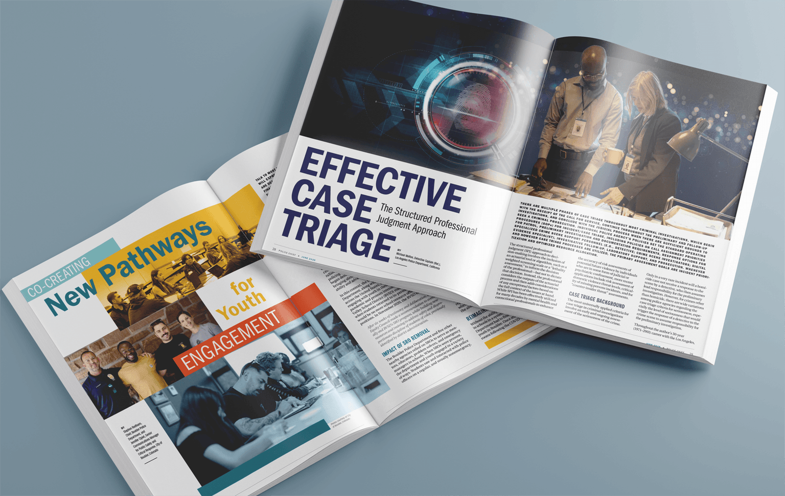Two open spreads of Police Chief magazine displayed on a light blue surface. The top spread features an article titled “Effective Case Triage: The Structured Professional Judgment Approach,” with a photo of two investigators reviewing documents and a digital lens graphic. The spread beneath it shows an article titled “Co-Creating New Pathways for Youth Engagement,” with images of young people and officers participating in community and classroom activities.