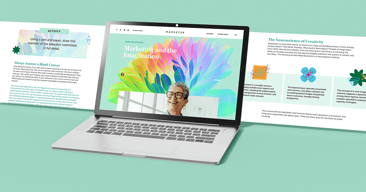 Digital spreads of the MARKETER journal shown across desktop and tablet screens, highlighting the interactive table of contents and modern editorial layouts.