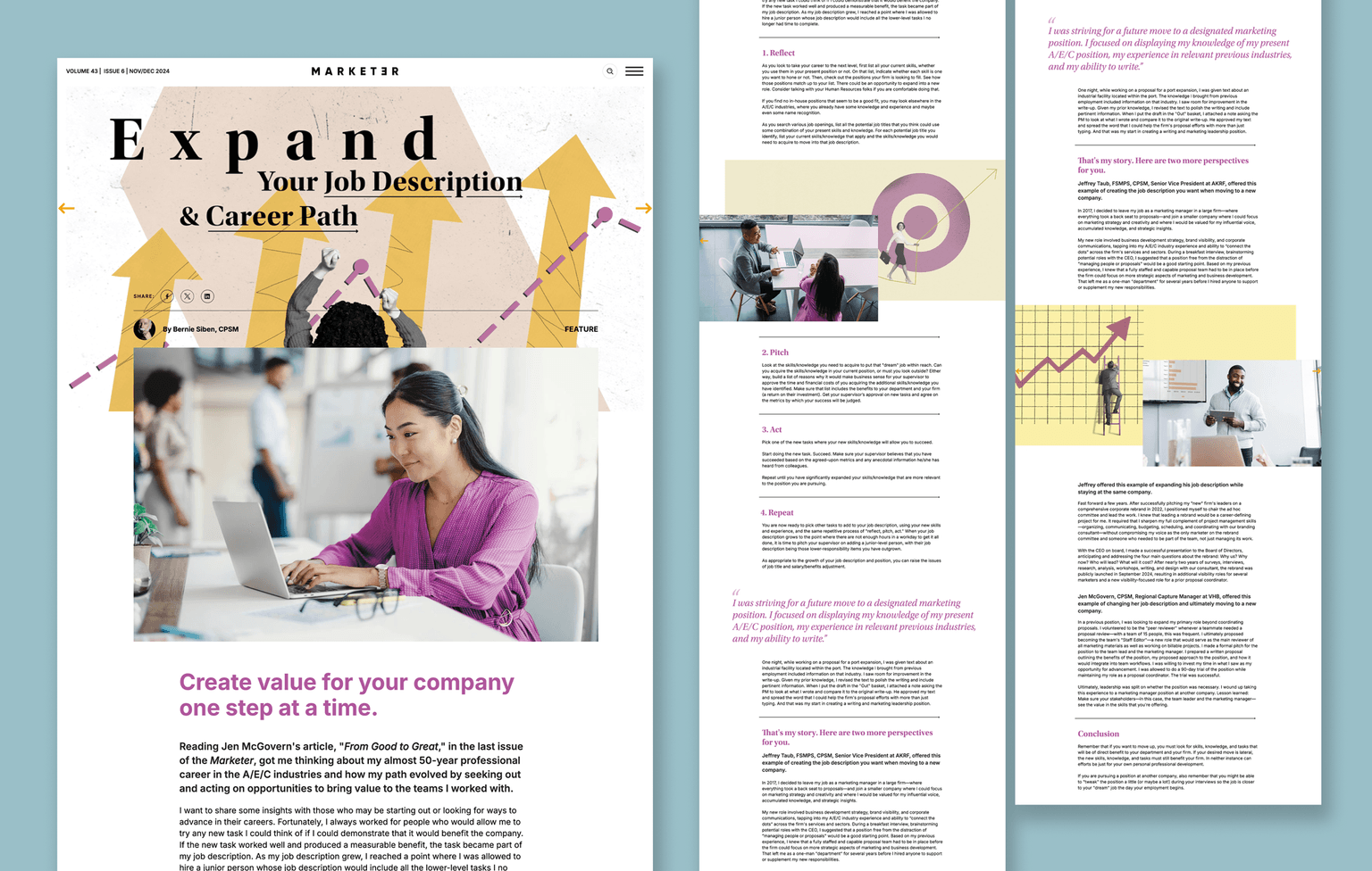 Magazine spread from Marketer, Volume 43, Issue 8 (Nov/Dec 2024), featuring an article titled 'Expand Your Job Description & Career Path' by Bernie Siben, CPSM. The layout includes a cover page with a professional woman at a laptop and decorative arrow graphics, alongside interior pages with sections on reflecting, pitching, acting, and repeating career growth steps, with pull quotes and contributor perspectives.