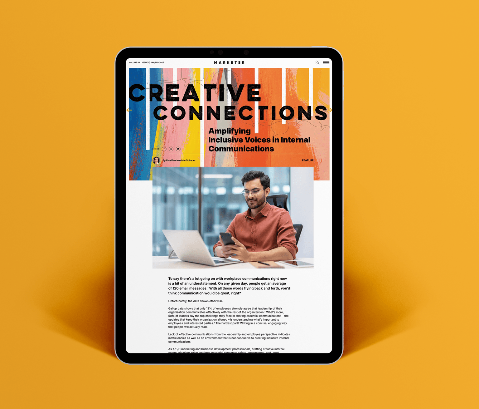 Marketer magazine displayed on a tablet, Jan/Feb 2025, showing article "Creative Connections: Amplifying Inclusive Voices in Internal Communications" by Lisa Keohokalole Schauer.