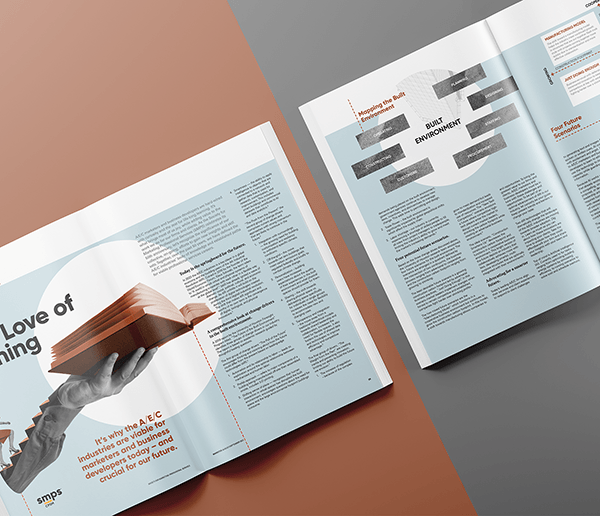 Stacked print issues of the SMPS MARKETER journal displayed on a surface, showing covers with vibrant photography and modern design layouts.