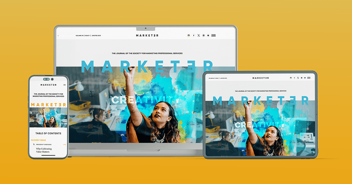 Close-up spread of the MARKETER journal showing editorial layouts with photography, infographics, and branded design elements.