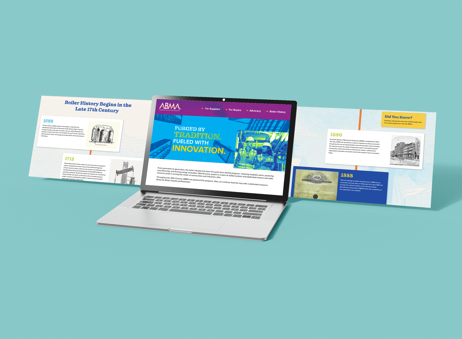 Historical timeline microsite shown on laptop screens